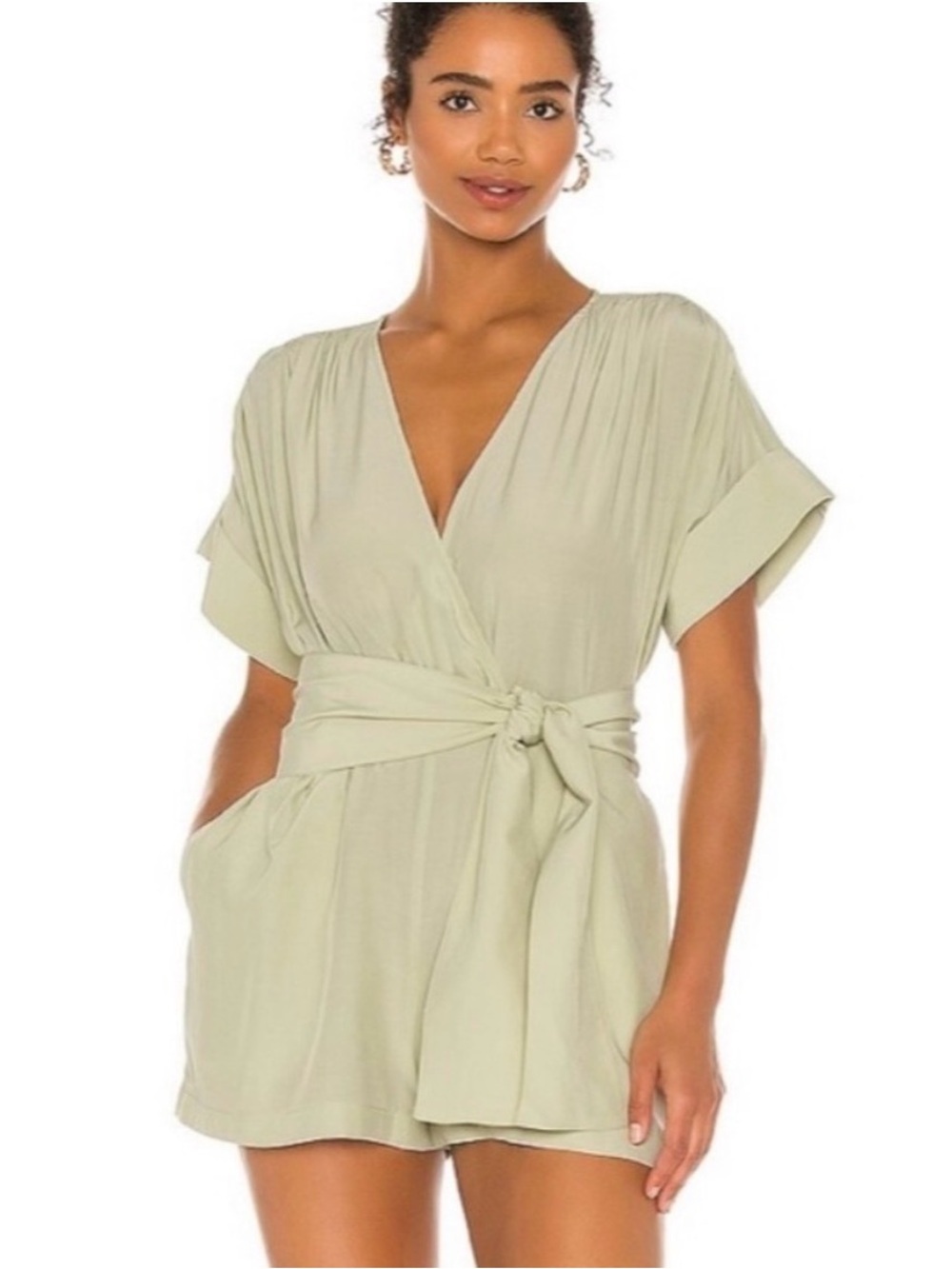 L'Academie Sage Green Wrap Romper Minimalist Short Romper Summer Outfit
